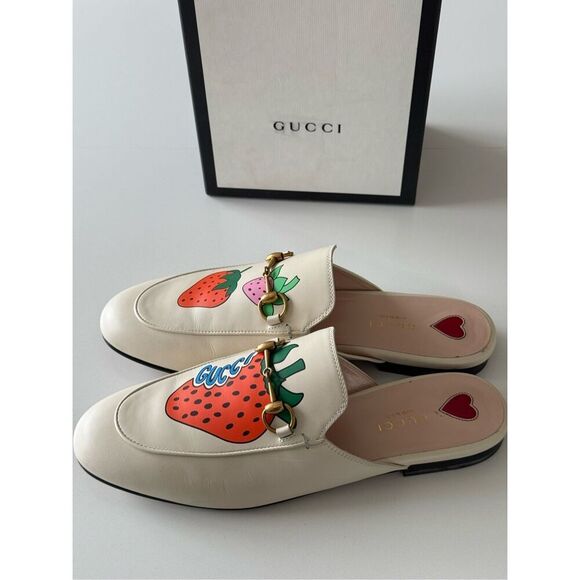 Gucci Shoes - Gucci Strawberry Brixton Leather Loafer Mules Flats Multicolor Women's Size 38.5